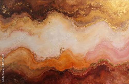 Abstract painting with brown, gold blots in horizontal arrangement. Alcohol ink colors with marble texture, wave design. Bronze, pink shades for wall art, canvas prints, posters.
