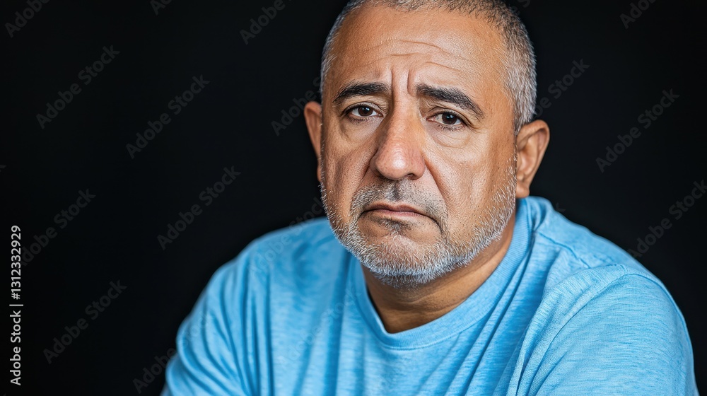Obraz premium A man sits pensively, his expression contemplative as he gazes into the distance. He wears a light blue shirt, with a hint of gray in his beard, surrounded by a dark backdrop