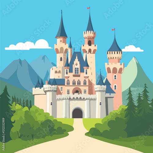 A flat 2D vector of a historic European castle with medieval architecture.