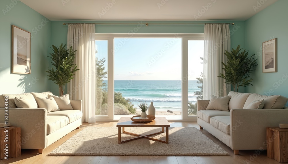 Fototapeta premium Bright living room with ocean view through large windows. Modern design features comfortable sofas, light walls, wood accents. Interior filled with furniture, indoor plants, decor. Relaxation,