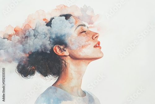 Dreamy Woman Profile with Watercolor Clouds in Artistic Style