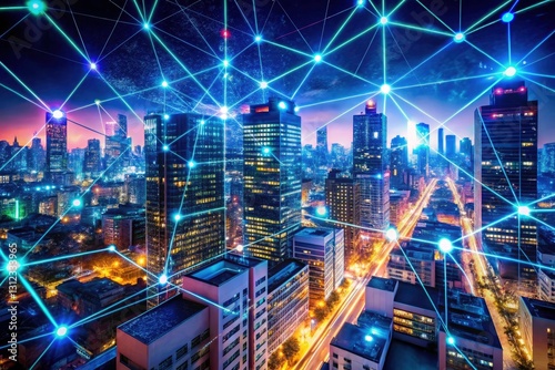 Wallpaper Mural Night Cityscape Glowing Lines Dots Network - Cyberpunk City Lights Photography Torontodigital.ca