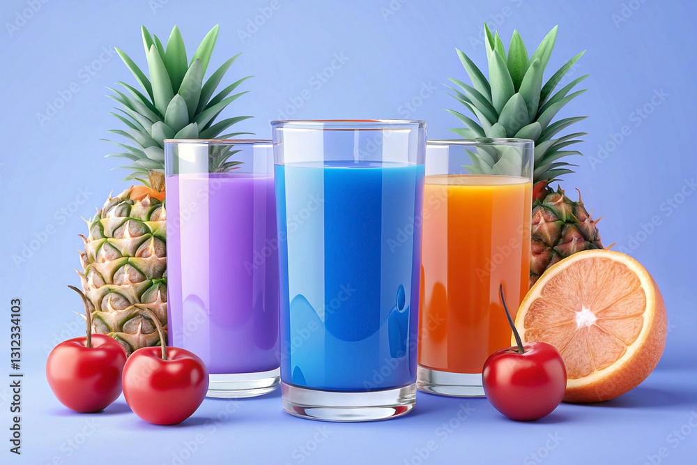 Three glasses of colorful fruit juice with pineapples, oranges, and cherries on a blue background. Three glasses of colorful fruit juice with pineapples, oranges, and cherries on a blue background.