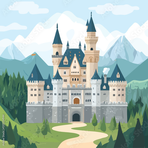 A flat 2D vector of a historic European castle with medieval architecture.