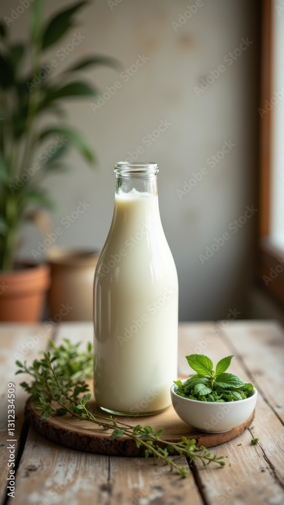 Glass bottle of milk with a sprig of mint on a rustic wooden surface. Glass bottle of milk with a sprig of mint on a rustic wooden surface.