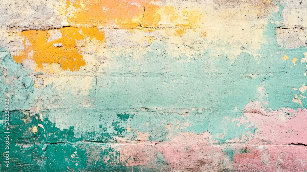 Obraz premium Colorful weathered wall texture with yellow, pink, and teal paint layers