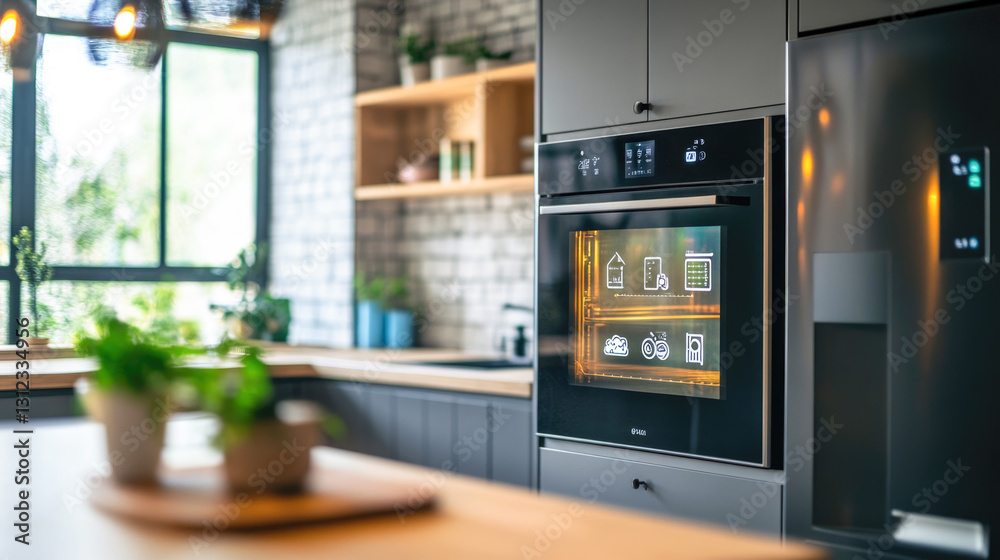 Modern smart kitchen with high-tech touchscreen oven and sleek interior design Modern smart kitchen with high-tech touchscreen oven and sleek interior design