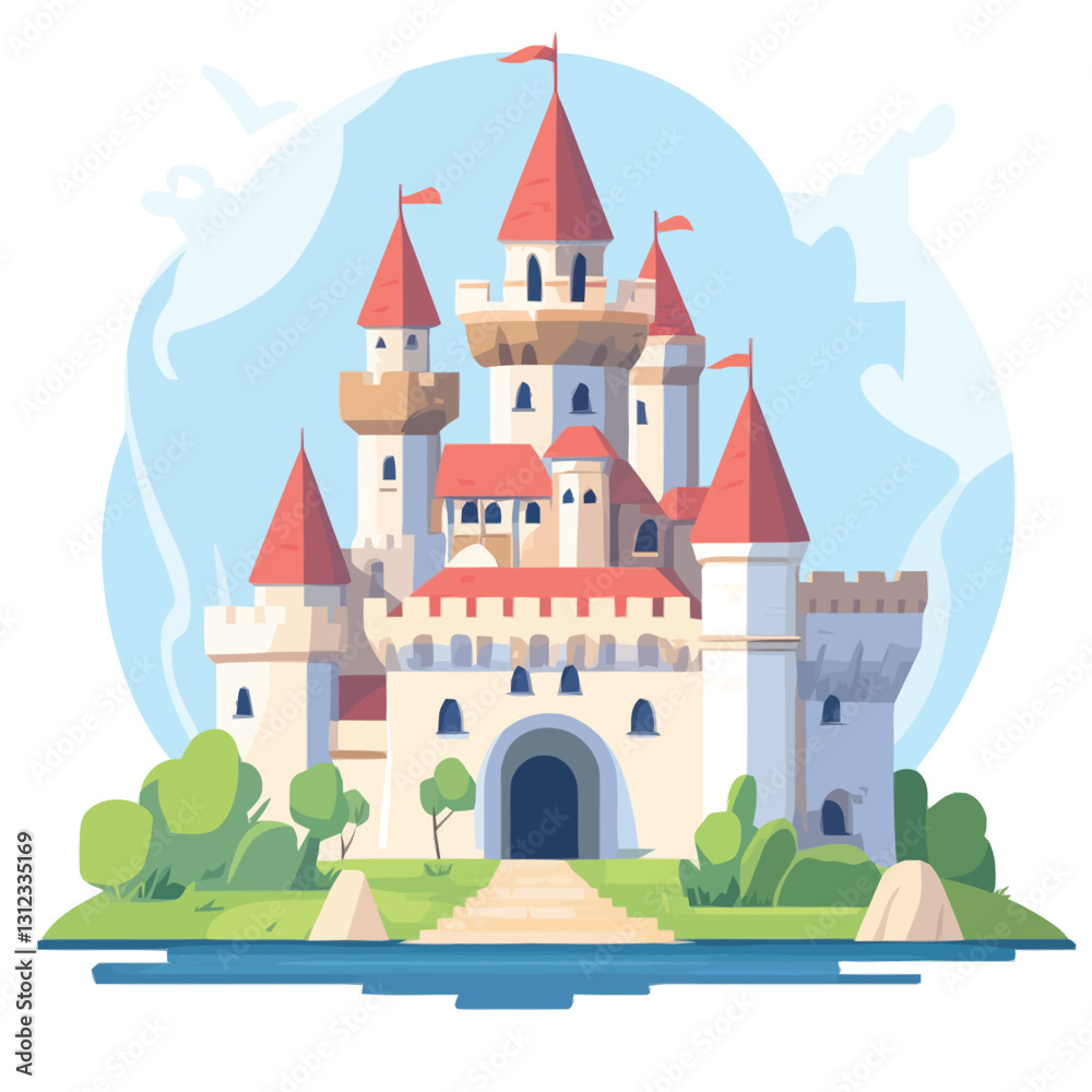 A flat 2D vector of a historic European castle with medieval architecture. A flat 2D vector of a historic European castle with medieval architecture.