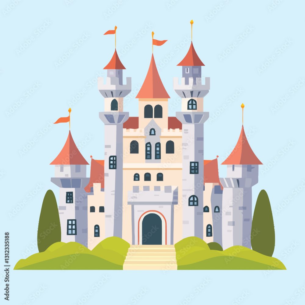 A flat 2D vector of a historic European castle with medieval architecture. A flat 2D vector of a historic European castle with medieval architecture.