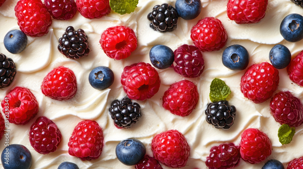Colorful mixed berries on creamy frosting close-up Colorful mixed berries on creamy frosting close-up
