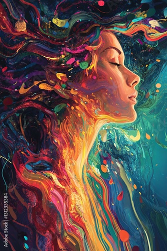 Vibrant Abstract Portrait of a Woman with Colorful Hair Swirls
