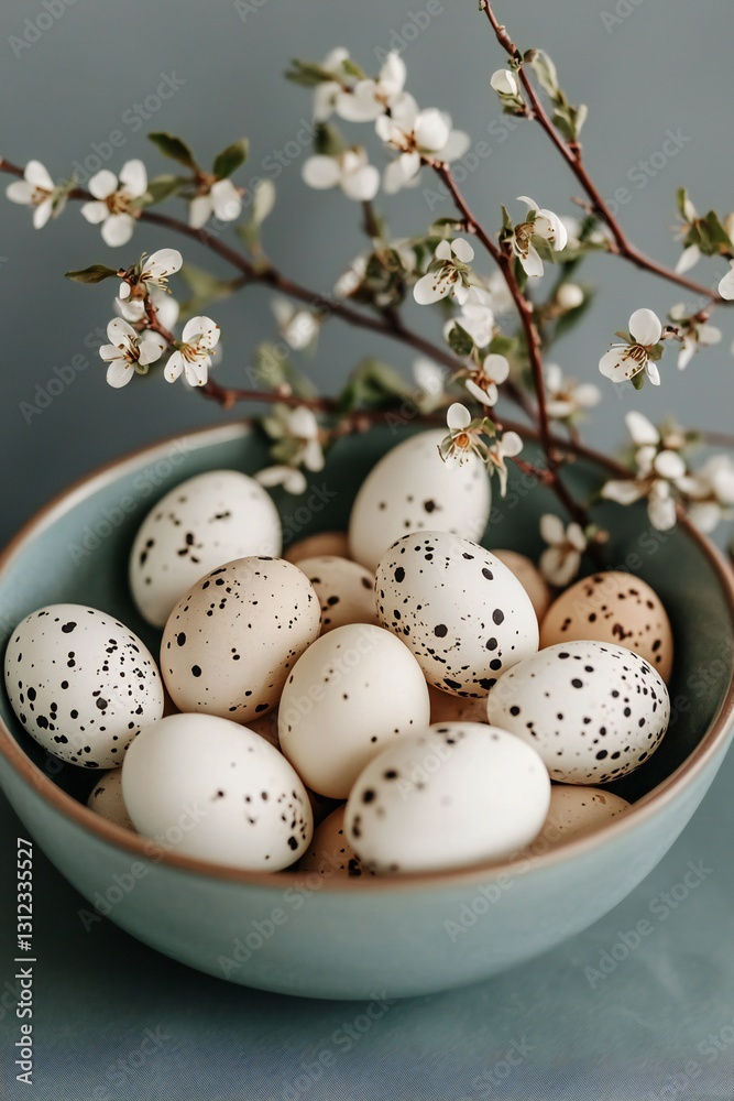 Fototapeta premium Easter Holiday, Easter Concept, Springtime Easter Eggs in Bowl with Delicate Blooming Branches