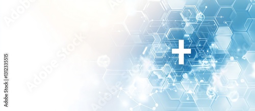 Modern abstract design with glowing blue hexagons and cross symbolizing healthcare technology : Generative AI photo