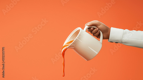 A hand pours carrot orange juice from a jug, isolated on a solid color background, perfect for product and text placement
