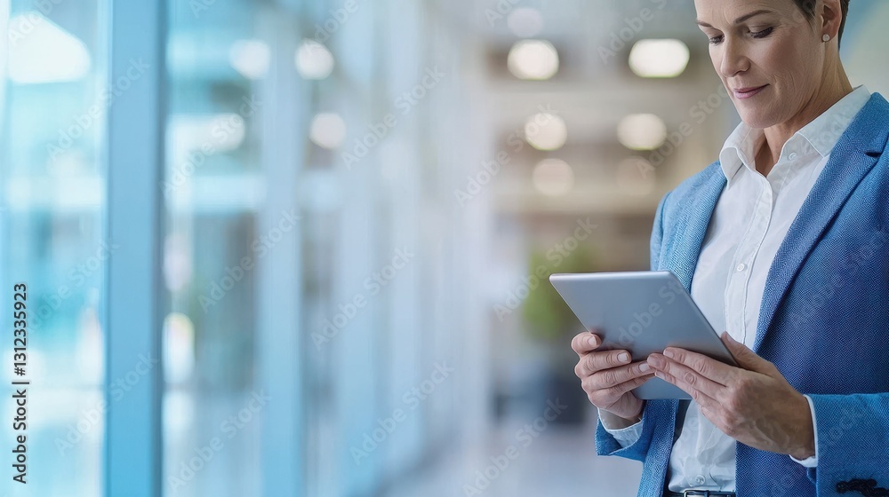A focused professional woman in a blue blazer engages with a tablet in a contemporary office setting filled with natural light and sleek design elements A focused professional woman in a blue blazer engages with a tablet in a contemporary office setting filled with natural light and sleek design elements