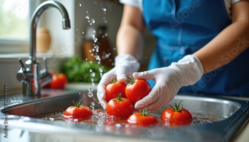 Person in apron, gloves washing fresh tomatoes at kitchen sink. Food hygiene, laundered vegetables preparation in domestic setting. Woman rinses red tomato fruits. Concept of nourishment, safety,