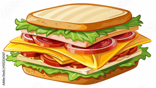 Chicken avocado club sandwich with bacon, lettuce, tomato, and ranch dressing on toasted white bread, isolated on a white background.