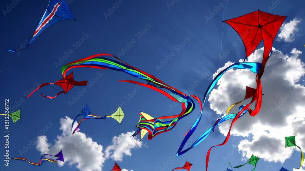Colorful kites with long ribbons soar in the blue sky among white clouds