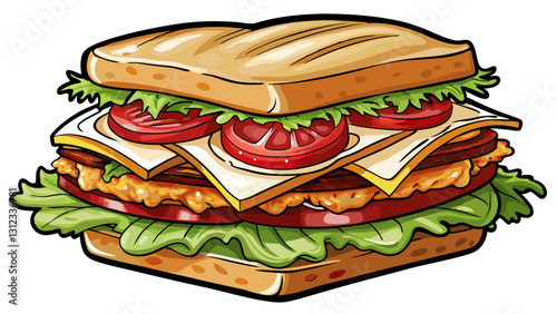 Chicken avocado club sandwich with bacon, lettuce, tomato, and ranch dressing on toasted white bread, isolated on a white background.