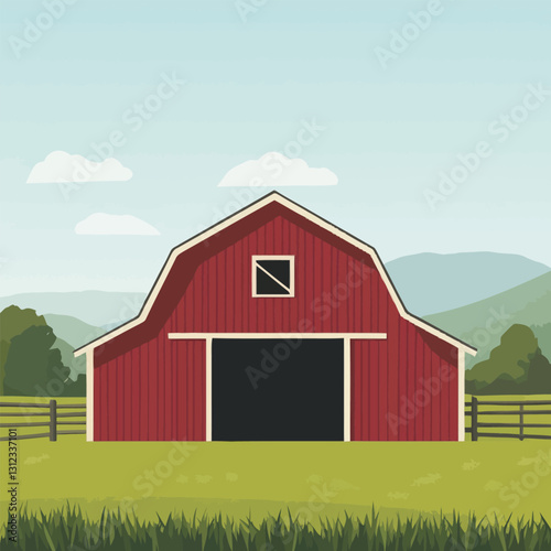 A flat 2D vector of a rustic red barn in a peaceful countryside setting.