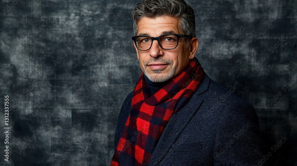 A mature man stands with a confident expression, wearing glasses and a tailored jacket complemented by a bold red and black scarf. The textured background enhances the moment A mature man stands with a confident expression, wearing glasses and a tailored jacket complemented by a bold red and black scarf. The textured background enhances the moment