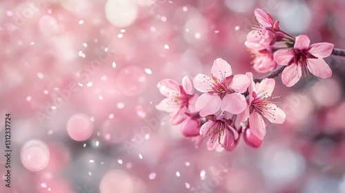 Cherry blossoms in full bloom, delicate pink petals falling gently generative ai