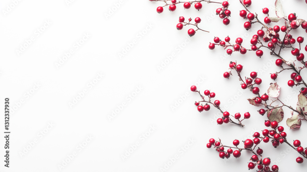 Red berries on white background: minimalist botanical arrangement Red berries on white background: minimalist botanical arrangement