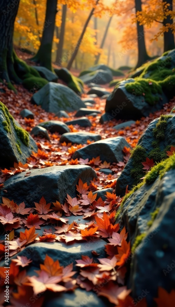 Leaves scattered on a rocky outcropping in autumn, rocky outcrops, branch stems Leaves scattered on a rocky outcropping in autumn, rocky outcrops, branch stems