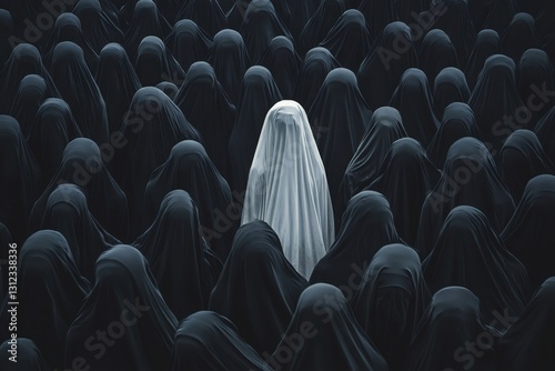 The Veil of Conformity: A lone figure stands out in a sea of indistinguishable figures, draped in a white veil, representing individuality and nonconformity in a sea of conformity.