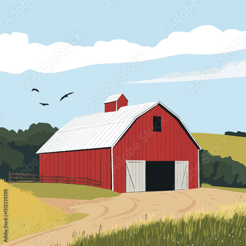 A flat 2D vector of a rustic red barn in a peaceful countryside setting.