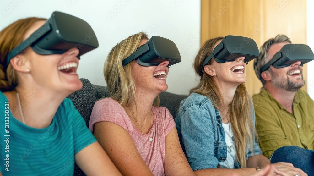 Four friends wear virtual reality headsets, sharing laughter and excitement as they engage in an immersive experience together in a cozy living room setting Four friends wear virtual reality headsets, sharing laughter and excitement as they engage in an immersive experience together in a cozy living room setting