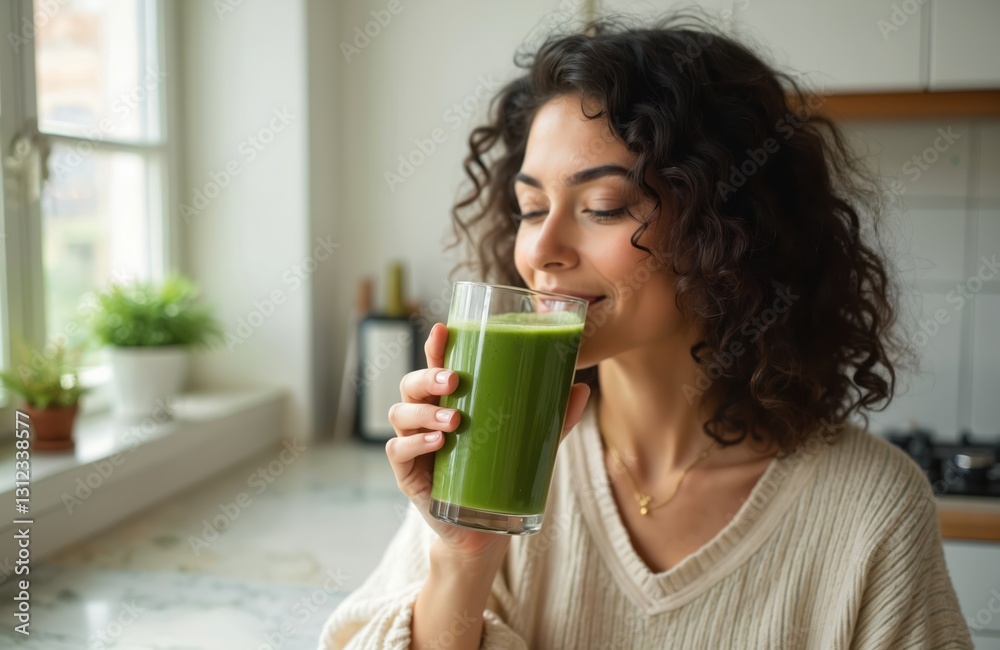 Woman drinks healthy green spirulina smoothie in minimal white kitchen in morning. Diverse female smiles, enjoys fresh, organic, vegan beverage for breakfast. Clean eating, detox, balanced diet, Woman drinks healthy green spirulina smoothie in minimal white kitchen in morning. Diverse female smiles, enjoys fresh, organic, vegan beverage for breakfast. Clean eating, detox, balanced diet,