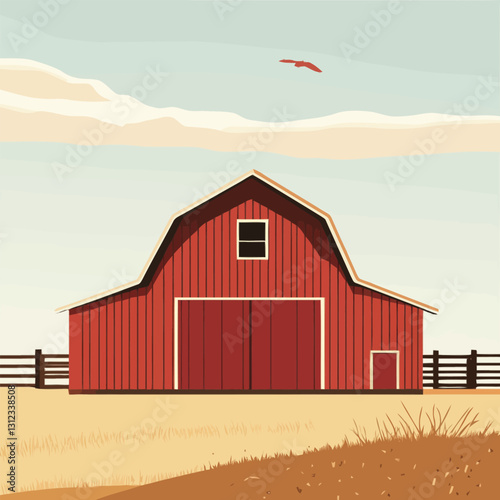 A flat 2D vector of a rustic red barn in a peaceful countryside setting.