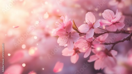 Cherry blossoms in full bloom, delicate pink petals falling gently generative ai