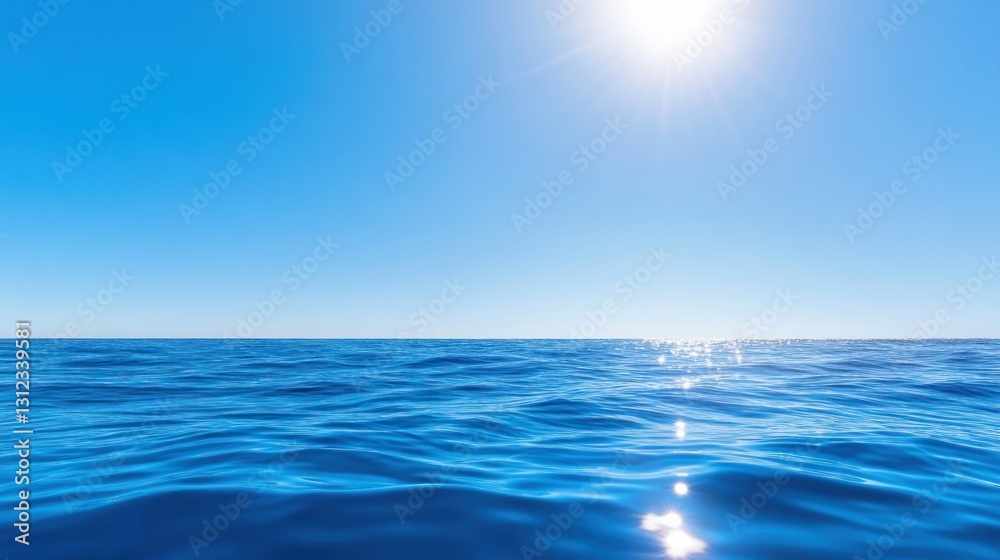 Bright sun over sparkling ocean horizon under clear blue sky. Bright sun over sparkling ocean horizon under clear blue sky.
