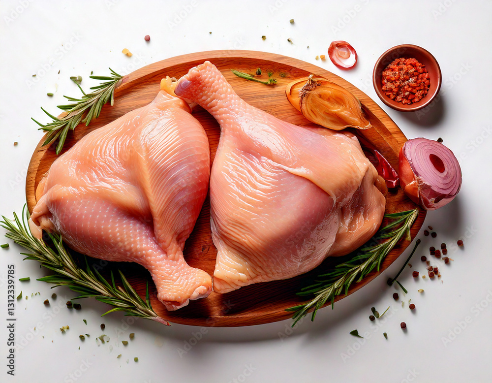 Raw chicken thighs and drumsticks skin-on bone-in on white background