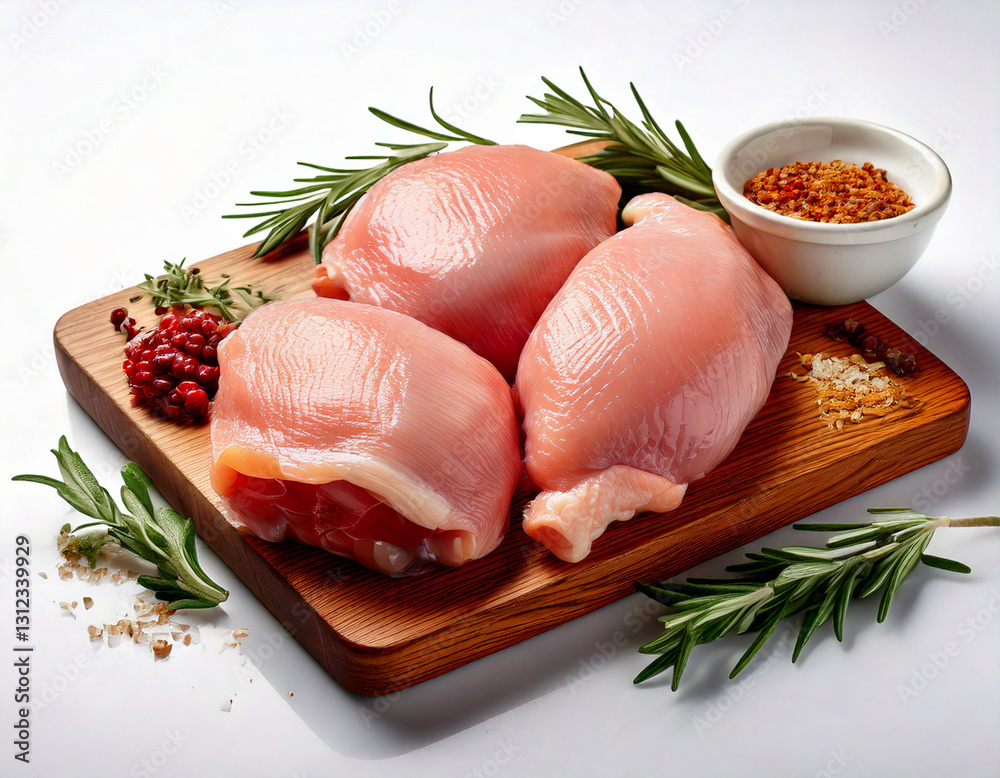 Raw chicken thighs and drumsticks skin-on bone-in on white background