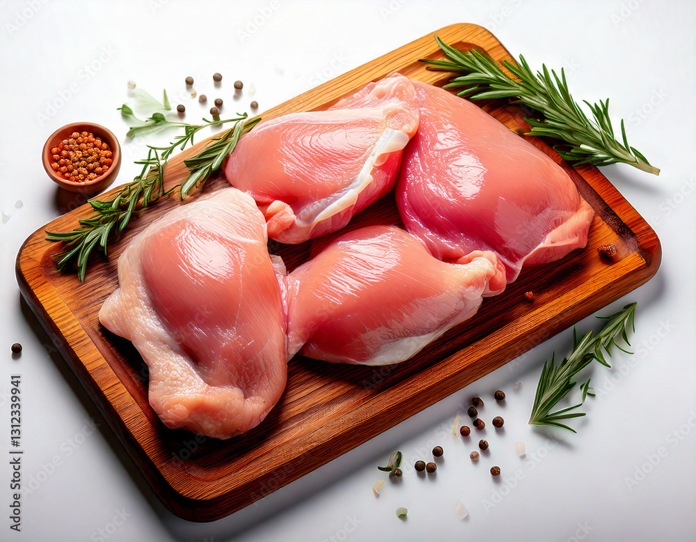 Raw chicken thighs and drumsticks skin-on bone-in on white background