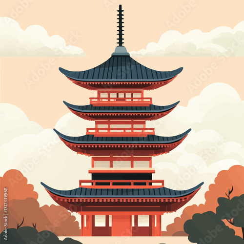 A flat 2D vector of a historic Japanese pagoda with curved roofs.