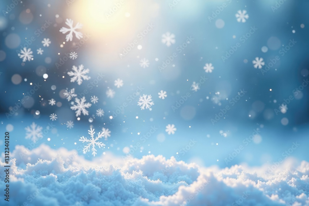 Naklejka premium Snowflakes dance in the air as they fall gently on a snowy white background, icy waters, festive lights