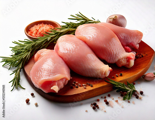 Raw chicken thighs and drumsticks skin-on bone-in on white background