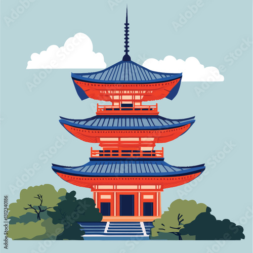 A flat 2D vector of a historic Japanese pagoda with curved roofs.