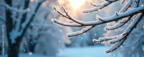 Snowflakes gently fall around the frosty tree branches, frosty morning landscape, stillness