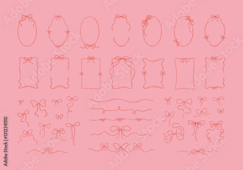 Set of cute hand drawn coquette style design elements for wedding, birthday bachelorette cards and invitation. Girly spring decorative bow, oval and rectangle ribbon frame, divider, separator