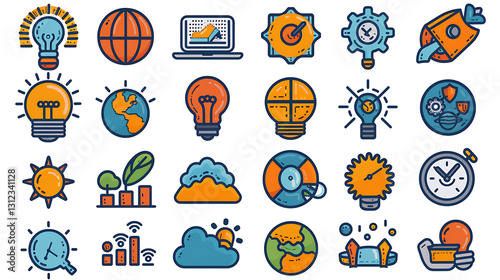 Innovation & Technology Icon Set – Lightbulbs, Rockets, and Global Growth