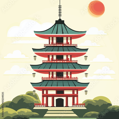 A flat 2D vector of a historic Japanese pagoda with curved roofs.