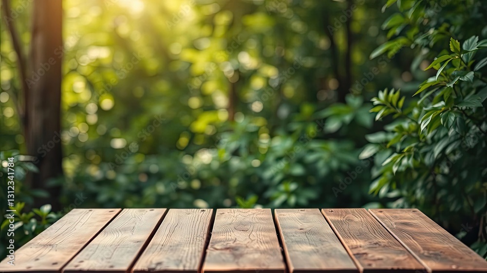 Rustic Wooden Tabletop Lush Green Forest Background Nature Scene Rustic Wooden Tabletop Lush Green Forest Background Nature Scene