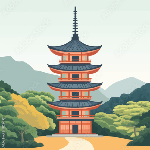 A flat 2D vector of a historic Japanese pagoda with curved roofs.