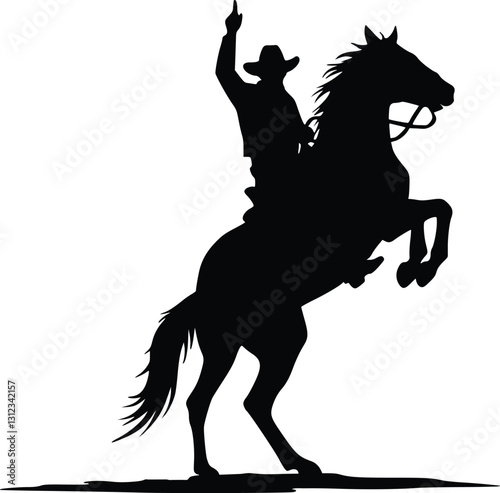 Western cowboy silhouette on a rearing horse, dramatic action pose, pistol raised, black and white vector illustration