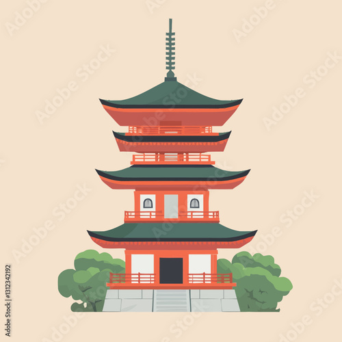A flat 2D vector of a historic Japanese pagoda with curved roofs.